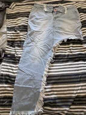 Light Wash Asymmetric Frayed Denim Skirt